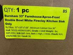 Burnham 33" Farmhouse/Apron-Front Double Bowl White Fireclay Kitchen Sink Only