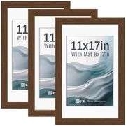 VCK 11x17 Brown Poster Frame 3 Pack, Wood Picture Frame Tempered Glass, Matted to 8x12 or 11x17 with
