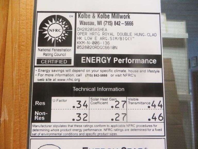 KOLBE & KOLBE DOUBLE HUNG WINDOW W/ SCREEN 33.5
