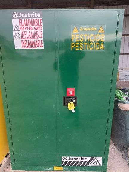 JustRite 90 Gallon Flammable Cabinet, Manual Close Doors, 2 Shelves, Green Color