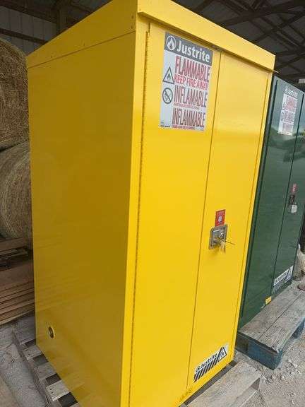 JustRite 60 Gallon Outdoor Flammable Cabinet, Self Closing Doors, Sloped Roof, Rain Sill Above Doors, 2 Shelves, Yellow Color