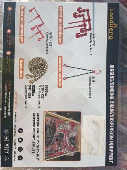 Unused Wuxi LandHero Rigging/Binding Chain/Suspension Equipment, (5) 3/8-1/2” Ratchet Binders, (8) 5/16-3/8” Ratchet Binders, (16) 5/16” x 20’ 5400lb Chains With Double Hooks, (10) 3/8” x 20’ 9200lb Chains With Double Hooks, (8) 5/16” Double Leg Lifting Chain Slings, Weight Of Box 895lbs