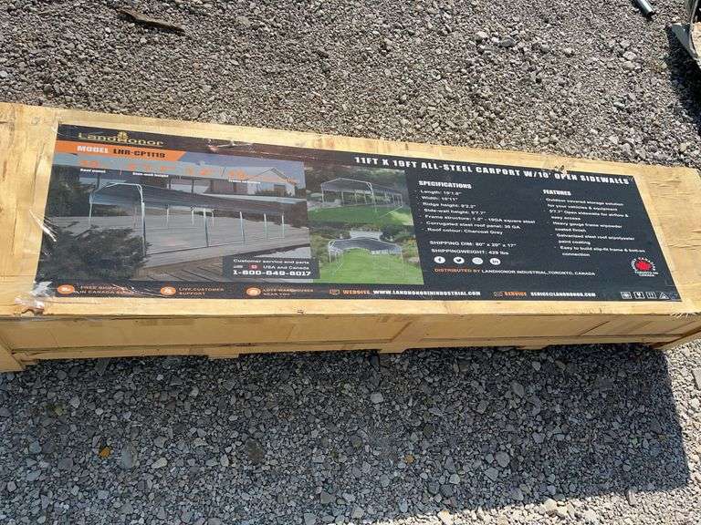 Unused LandHonor 11’ x 19’ All Steel Carport With 10’ Open Sidewalls, 30Ga Roof Panels, 19Ga Square Steel, Color Charcoal Grey, Model LHR-CP1119