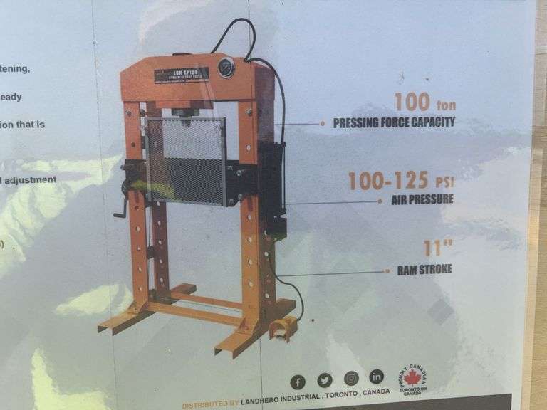 Unused Wuxi LandHero 100 Ton Capacity Hydraulic Shop Press, 11” Ram Stroke, 100-125 PSI Air Pressure, Model LDH-SP100