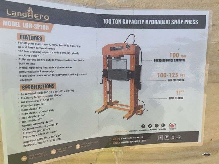 Unused Wuxi LandHero 100 Ton Capacity Hydraulic Shop Press, 11” Ram Stroke, 100-125 PSI Air Pressure, Model LDH-SP100