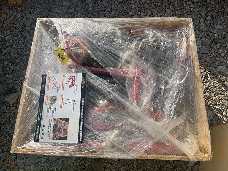 Unused Wuxi LandHero Rigging/Binding Chain/Suspension Equipment, (5) 3/8-1/2” Ratchet Binders, (8) 5/16-3/8” Ratchet Binders, (16) 5/16” x 20’ 5400lb Chains With Double Hooks, (10) 3/8” x 20’ 9200lb Chains With Double Hooks, (8) 5/16” Double Leg Lifting Chain Slings, Weight Of Box 895lbs