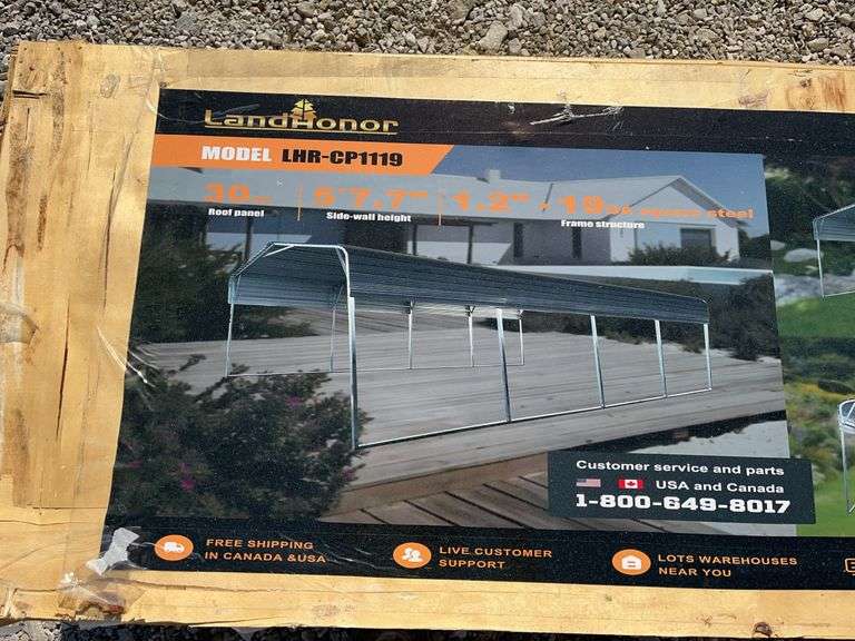Unused LandHonor 11’ x 19’ All Steel Carport With 10’ Open Sidewalls, 30Ga Roof Panels, 19Ga Square Steel, Color Charcoal Grey, Model LHR-CP1119