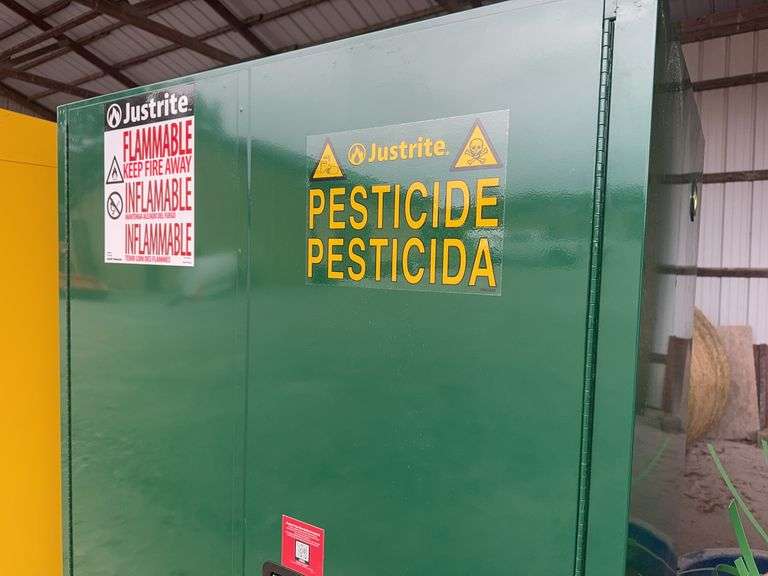 JustRite 90 Gallon Flammable Cabinet, Manual Close Doors, 2 Shelves, Green Color