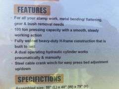 Unused Wuxi LandHero 100 Ton Capacity Hydraulic Shop Press, 11” Ram Stroke, 100-125 PSI Air Pressure, Model LDH-SP100