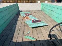 John Deere Wood Wagon, Hydraulic Dump w/ Cylinder, 24” Side Boards, 14’ long x 7’ wide, Front Side Board Has Broken Boards, Back Side Board is warped, Worn Tires That Hold Air.