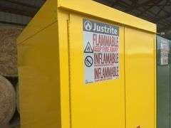 JustRite 60 Gallon Outdoor Flammable Cabinet, Self Closing Doors, Sloped Roof, Rain Sill Above Doors, 2 Shelves, Yellow Color