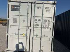 40’ WUXI 2 Side Doors and 1 Back Door Container, 40' long x 8' wide,
1 ea. Back Doors measures 102" tall X 92" wide,
2 ea. Side Doors  measures  98" tall X 110” wide,
inside dimension 89” wide,
Tie down anchors on inside of container,
Minor floor scratches on inside, minor wall scratches and dents, 
All doors have weatherstripping, 
1 time use,
Has vents on side walls, 
Container # ZNCU 400736 4