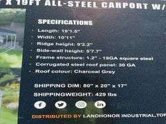Unused LandHonor 11’ x 19’ All Steel Carport With 10’ Open Sidewalls, 30Ga Roof Panels, 19Ga Square Steel, Color Charcoal Grey, Model LHR-CP1119