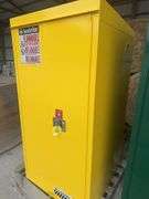 JustRite 60 Gallon Outdoor Flammable Cabinet, Self Closing Doors, Sloped Roof, Rain Sill Above Doors, 2 Shelves, Yellow Color