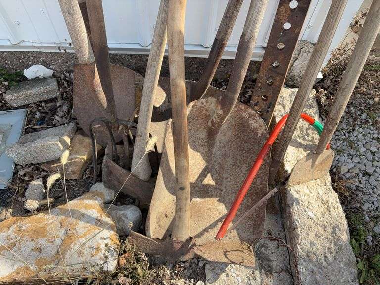 (2) Steel Grain Shovels, Barn Scraper, Maddox, Hoe, Axe, Short Handle Round Point Shovel, Long Handle 4 Tine Pitch Fork, Short Handle 4 Tine Pitch Fork, 3 pt Drawbar, Bow Saw