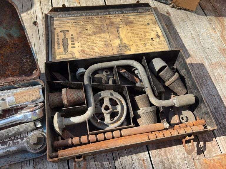 Metal Tool Box with Open End Wrenches Made in India, 3/8” Drive Socket Set, 1/4” Drive Socket Set, Tray of Dyes with Handles,Skinner Valve and Bibb Reseater,