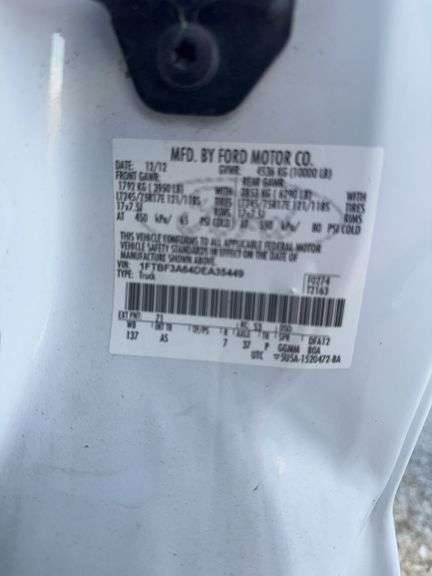 (TITLE) 2013 F-250 Super Duty XL Ford Pick Up, 2 WD, Matching Firestone 245/75R17 Tires (40%) AC Blows Cold,All Electronic Controls Work, Windows , Mirrors, Cruise Control, Etc. Vinyl Seats And Floor Mat,  No Tears, 8’ Bed,  Utility Rack, Working Tommy Gate, Reese Hitch W/ Trailer Electric Receptacle,  6.2 Liter V 8 Gas Engine,Fleet Maintained, Rust Free  W/ Minor Dings For A 12 Year Old Truck.