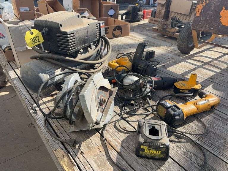 (2) 3/8” Electric Drills, (1) 1/4” Electric Drill, Dewalt Sawzall, 1.5 Hp Air Compressor, Dewalt Battery Operates 14.4v Right Angle Drill, Dewalt Charger 7.2v-18v, Electric 7 1-4” Power Saw,