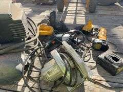 (2) 3/8” Electric Drills, (1) 1/4” Electric Drill, Dewalt Sawzall, 1.5 Hp Air Compressor, Dewalt Battery Operates 14.4v Right Angle Drill, Dewalt Charger 7.2v-18v, Electric 7 1-4” Power Saw,