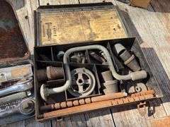 Metal Tool Box with Open End Wrenches Made in India, 3/8” Drive Socket Set, 1/4” Drive Socket Set, Tray of Dyes with Handles,Skinner Valve and Bibb Reseater,