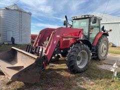 1999 Massey Ferguson 6280 4 WD w/ Loader MF1080 Loader 8’ wide Bucket and Pallet / Bale Forks, Loader Hydraulics Are Plumbed To Rear Remotes, Quick Attach, Serial # L142017, 122 Hp, Perkins Diesel Engine,Transmission 4 Gear Dyna Shift,Left Hand F/R,  Rear Tires are 18.4 R38 tires have cracks 40% Tread, Front Tires are 14.9 R28 tires have cracks 40% Tread, 4 Remotes, Quick Hitch, Cab in Fair Condition, Heat/AC, AM/FM Radio, 2274.5 verified Hours, Seat Fabric is Torn, Front Left Hood is Dented, Fuel Pump is Leaks Diesel Fuel when Running,