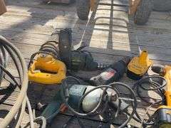 (2) 3/8” Electric Drills, (1) 1/4” Electric Drill, Dewalt Sawzall, 1.5 Hp Air Compressor, Dewalt Battery Operates 14.4v Right Angle Drill, Dewalt Charger 7.2v-18v, Electric 7 1-4” Power Saw,