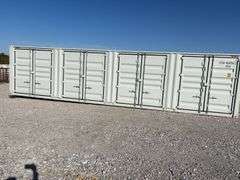 40’ AGT 4 Side Doors and 1 Back Door Container, 40' long x 8' wide,
1 ea. Back Doors measures 102" tall X 92" wide,
4 ea. Side Doors  measures  98" tall X 92" wide,
inside dimension 89” wide,
Tie down anchors on inside of container,
Minor floor scratches on inside, minor wall scratches and dents, 
All doors have weatherstripping, 
1 time use,
Has vents on side walls, 
Container # CFGU4047547