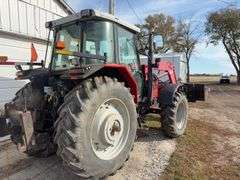 1999 Massey Ferguson 6280 4 WD w/ Loader MF1080 Loader 8’ wide Bucket and Pallet / Bale Forks, Loader Hydraulics Are Plumbed To Rear Remotes, Quick Attach, Serial # L142017, 122 Hp, Perkins Diesel Engine,Transmission 4 Gear Dyna Shift,Left Hand F/R,  Rear Tires are 18.4 R38 tires have cracks 40% Tread, Front Tires are 14.9 R28 tires have cracks 40% Tread, 4 Remotes, Quick Hitch, Cab in Fair Condition, Heat/AC, AM/FM Radio, 2274.5 verified Hours, Seat Fabric is Torn, Front Left Hood is Dented, Fuel Pump is Leaks Diesel Fuel when Running,