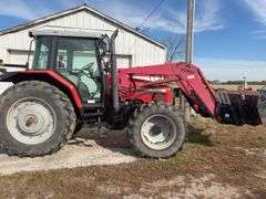 1999 Massey Ferguson 6280 4 WD w/ Loader MF1080 Loader 8’ wide Bucket and Pallet / Bale Forks, Loader Hydraulics Are Plumbed To Rear Remotes, Quick Attach, Serial # L142017, 122 Hp, Perkins Diesel Engine,Transmission 4 Gear Dyna Shift,Left Hand F/R,  Rear Tires are 18.4 R38 tires have cracks 40% Tread, Front Tires are 14.9 R28 tires have cracks 40% Tread, 4 Remotes, Quick Hitch, Cab in Fair Condition, Heat/AC, AM/FM Radio, 2274.5 verified Hours, Seat Fabric is Torn, Front Left Hood is Dented, Fuel Pump is Leaks Diesel Fuel when Running,