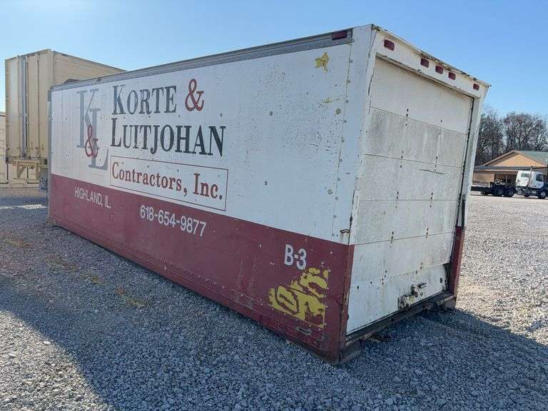 20’ Van Storage Box (used for Job-site Tool Storage) Roof and Sides panels will need work, Floor Has Holes in Front And Rear, Roll up Door needs replaced will not open, Roof has Buckle on Left Side towards the front, Fiberglass Top