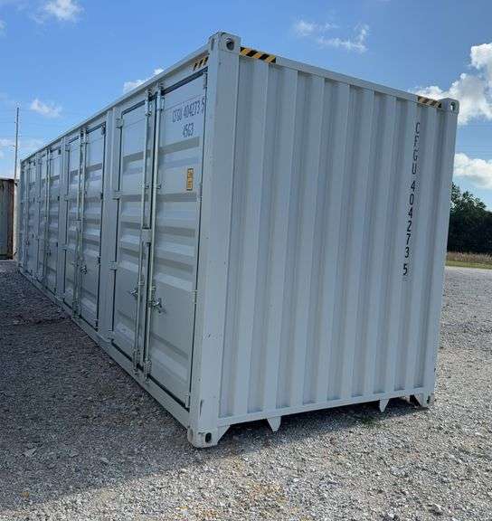 40’ AGT 4 Side Doors and 1 Back Door Container, 40' long x 8' wide,
1 ea. Back Doors measures 102" tall X 92" wide,
4 ea. Side Doors  measures  98" tall X 92" wide,
inside dimension 89” wide,
Tie down anchors on inside of container,
Minor floor scratches on inside, minor wall scratches and dents, 
All doors have weatherstripping, 
1 time use,
Has vents on side walls, 
Container # CFGU4045776, Large Rip in Floor,