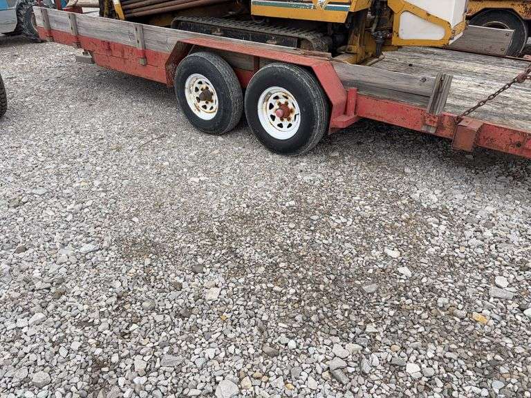 (TITLE) 1994 JJN 22’ Equipment Trailer, Ball Hitch,  Title In Hand, Wooden Deck will need replaced soon, Tire Tread 70%, Ties Hold Air, 7’ Fold Down Ramps, Trailer Set Up for Small Boring Machine, Aluminum Storage Box, Storage Rack for Drill Rods,