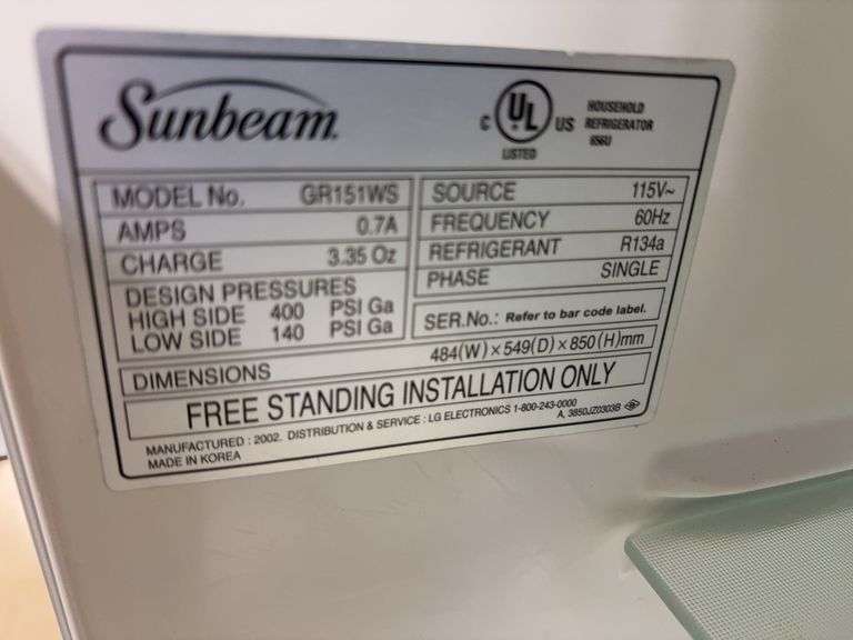 Sunbeam Refrigerator, Model GR151WS, 33 1/2” Tall X 19” wide X 21” Deep, Works as it should,