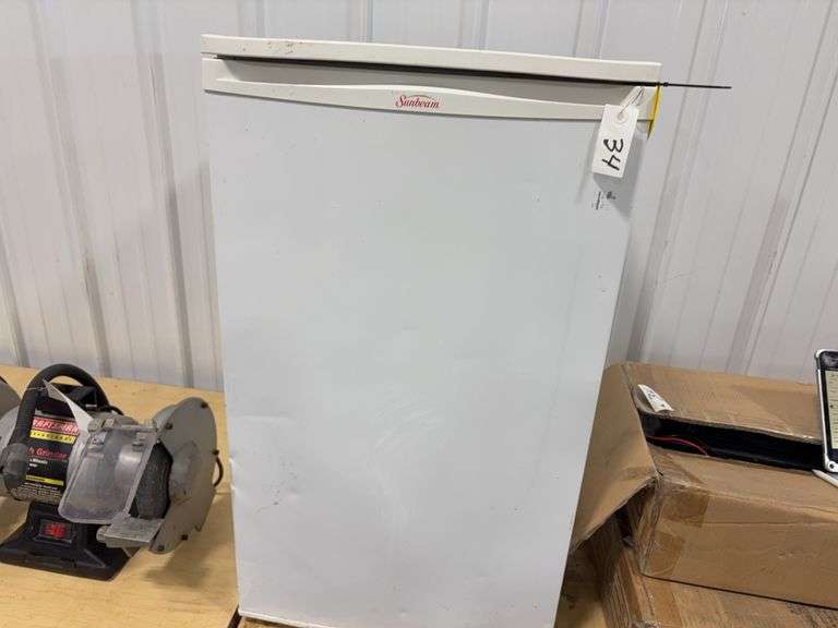Sunbeam Refrigerator, Model GR151WS, 33 1/2” Tall X 19” wide X 21” Deep, Works as it should,