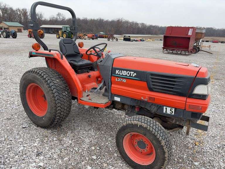 Kubota L3710 Tractor, 38 hp, 4 Cylinder Diesel, 4WD, 3 pt, Hydraulic remotes, Tires have 50% Tread, Starts and Runs, 4,592 hrs, 4 Speed Transmission, Left Hand F/R,  540 PTO,