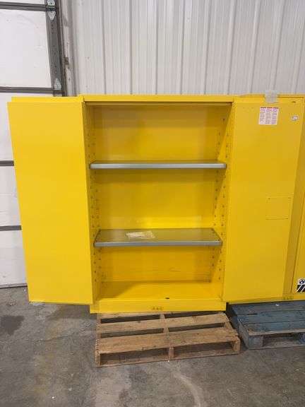 45 gallon Just Rite Flammable Cabinet, Locking W/Keys, Yellow, Manual Doors, 2 shelves, Cabinet Measures 43” Wide x 18”Deep x 65” Tall