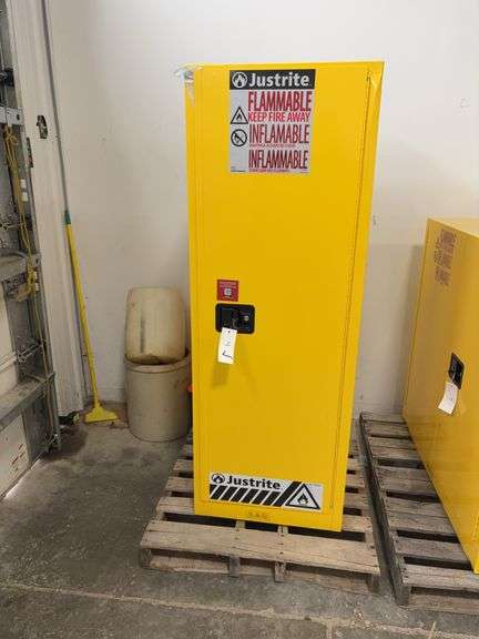 Justrite Yellow Fire Storage Cabinet, 23” wide x 18” deep, 65” tall, 3 Adjustable shelves,