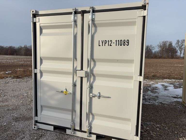 12’ container, measures 12’ long x 7’-3 1/2” wide x 8’-3” tall, swinging rear doors, Side walk door, sliding window, keyed lock on walk door, wood floor, container #