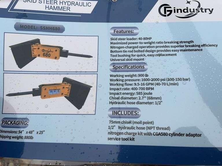 Unused AGT Skid Steer Hydraulic Breaker/Hammer, Model SSHH680, Working Weight, 900lbs, Working Flow 9.5-16 GPM, Impact Rate 400-700 BPM, Chisel Diameter 2.7”, Comes With 2 Chisels