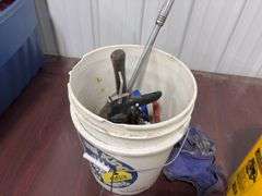 Bucket of Tools,  Caulk Gun, 1/2” Breaker Bar, Screwdrivers, Chalk Box, Razor Blade Scraper, Curve Claw Hammer,