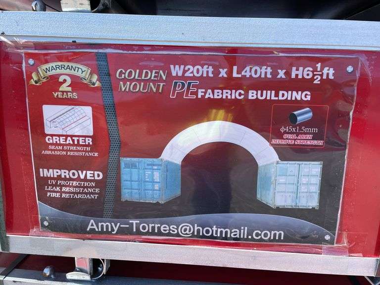 Unused Hanbase 20’W x 40’L x 6 1/2’ H Fabric Building to sit on steel storage containers, 5 year estimated service life,