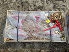 Unused Wuxi 3/8" Chain and Ratchet Binders, 5ea. 3/8" - 1/2" Ratchet Binders 9200lbs,(10) 20ft 3/8" G80 Chains with Hooks on Each End