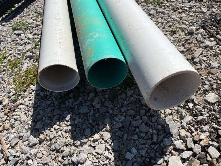 (3) 10’ Long 4” Sticks Of Drain Pipe 2-1/8” Thick and 1- Schedule 40, (2) Totes of Miscellaneous Joints and Elbows For 4” PVC Thin Wall and Schedule 40, Blue Red and Orange Pex Tubing, Partial Roll of 3” and 4” Drain Tile