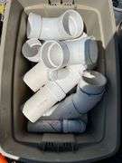 (3) 10’ Long 4” Sticks Of Drain Pipe 2-1/8” Thick and 1- Schedule 40, (2) Totes of Miscellaneous Joints and Elbows For 4” PVC Thin Wall and Schedule 40, Blue Red and Orange Pex Tubing, Partial Roll of 3” and 4” Drain Tile