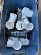 (3) 10’ Long 4” Sticks Of Drain Pipe 2-1/8” Thick and 1- Schedule 40, (2) Totes of Miscellaneous Joints and Elbows For 4” PVC Thin Wall and Schedule 40, Blue Red and Orange Pex Tubing, Partial Roll of 3” and 4” Drain Tile