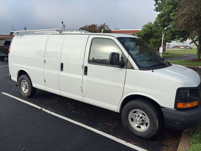 (TITLE) 2016 Chevrolet Express G2500 Van, mileage 155655, 8’ bed, ladder rack on top, utility shelves and rack for tool storage, headache divider between bed and driver cab, tire are in good condition, 90% tread left, am/fm radio, heat/ac, vinyl floor in cab, minor scratches on driver rear, OnStar available, title in hand, starts and runs,