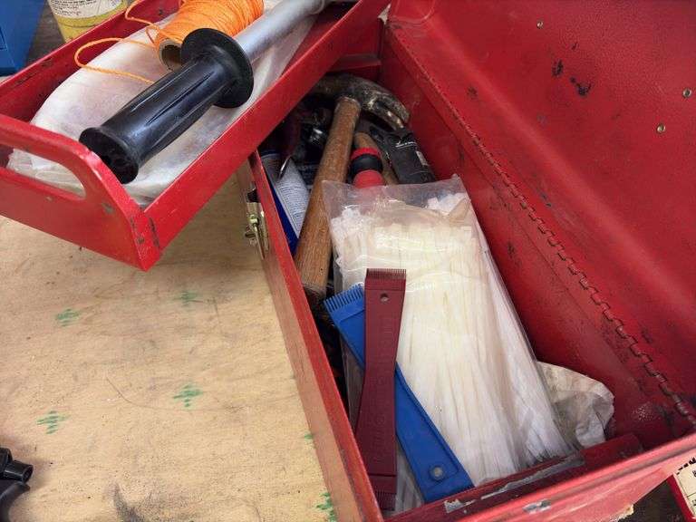 Valuecraft 6” bench grinder, Irwin 6” bench vise, post driver, craftsman deep well 3/8” drive sockets 1/4” up to 7/8”, dewalt sawzall blades, metal stamping kit, toolbox w/ zip ties, hammers, scrapers, a/c fun combs,