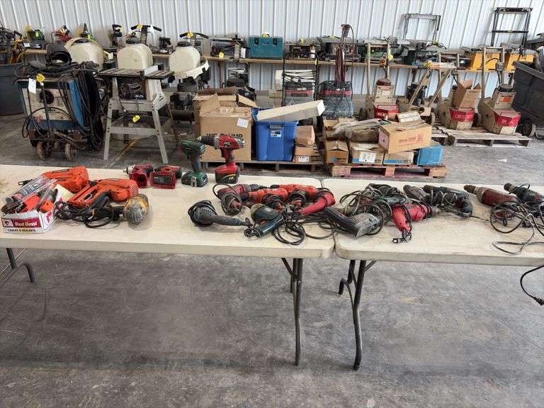 (2) Paslode Impulse Gas operated Finish Nail Guns, no batteries, have charger, gas cartridges; Dewalt Electric Impact; (4) cordless Drivers, no batteries, no chargers; (14) Electric 3/8” drills, unknown condition,
