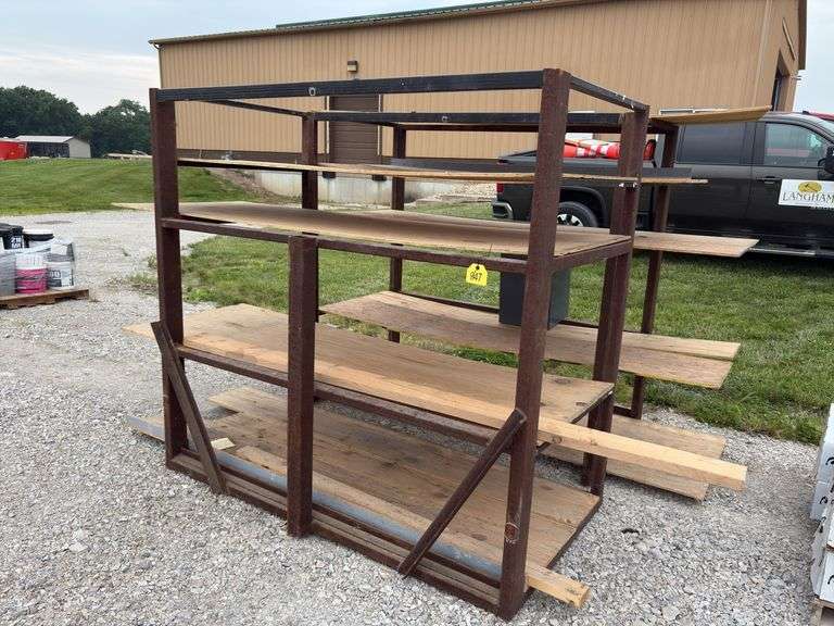 (2) Metal Racks 76” long x 40” wide x 72” tall, plywood on shelves, metal 7 drawer cabinet 131/2” wide x 14” deep x 18” tall