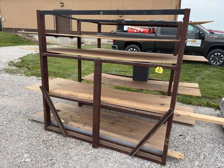 (2) Metal Racks 76” long x 40” wide x 72” tall, plywood on shelves, metal 7 drawer cabinet 131/2” wide x 14” deep x 18” tall